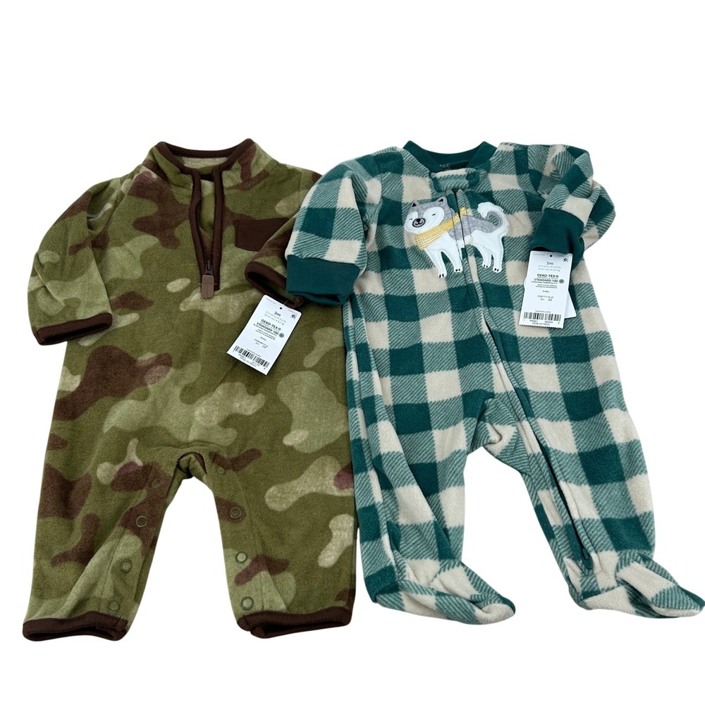 Baby 3M Fleece Pajamas Set Camo Plaid Husky Footie Romper Carter's NWT
